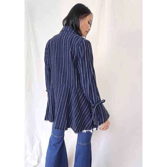 Free People Coat Jacket Stella Blazer Linen Fringed Hem - Navy Stripe - Picture 3 of 11
